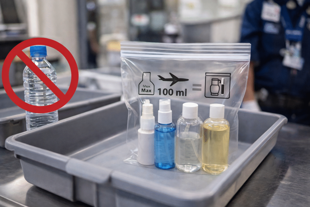 Bolsa transparente con líquidos permitidos en equipaje de mano en aeropuerto