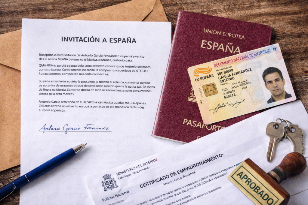 Documentos oficiales y carta de invitación listos para ser enviados a un familiar que viajará a España