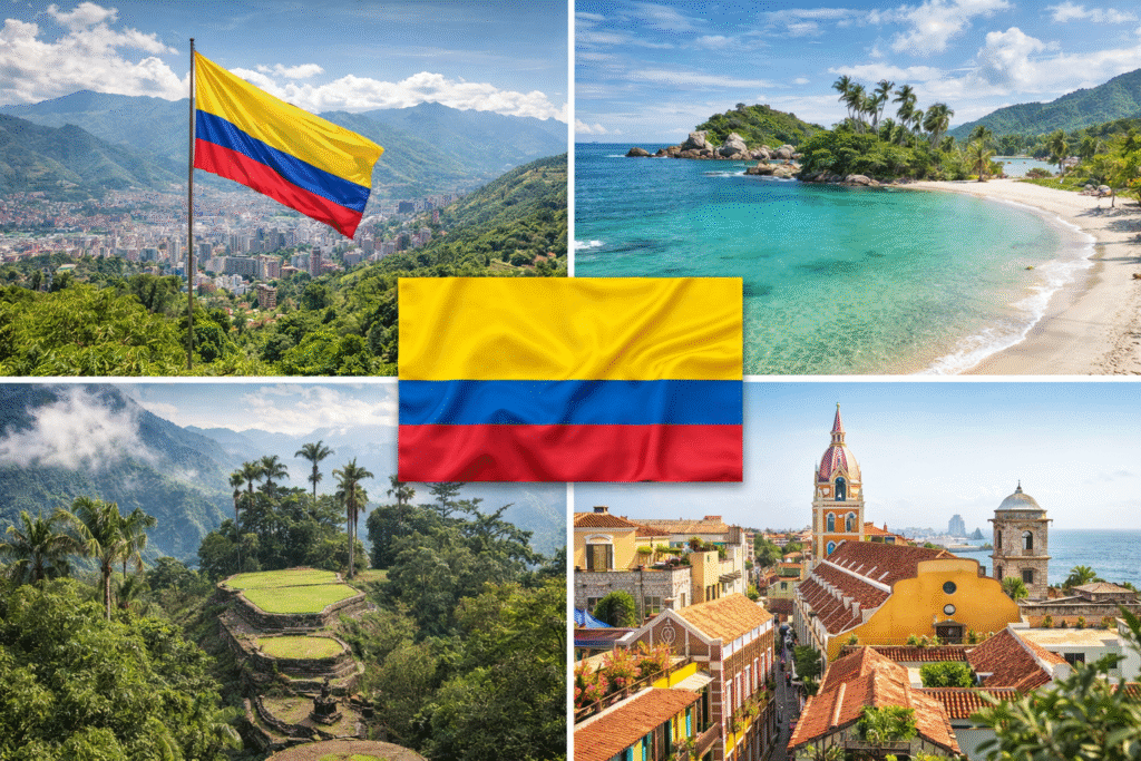 Paisaje de Colombia con playa tropical y montañas durante un día soleado