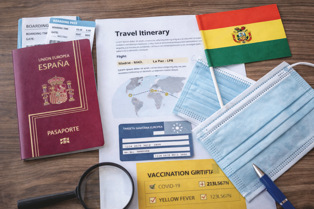 Pasaporte, tarjeta de embarque y equipaje preparados para viajar a Bolivia