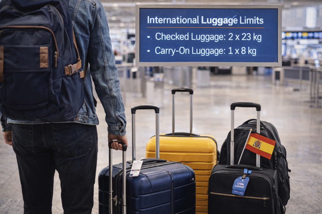 Pasajeros con maletas en la zona de facturación de un aeropuerto internacional