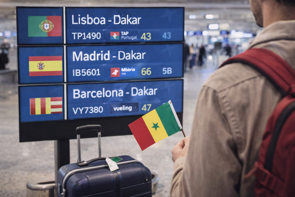Pantalla de aeropuerto mostrando vuelos con escalas hacia Dakar Senegal