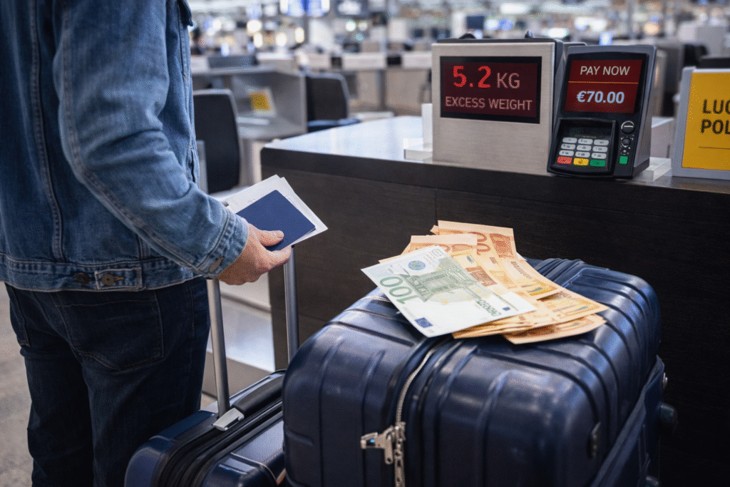 Maleta siendo pesada en el mostrador del aeropuerto antes de un vuelo internacional