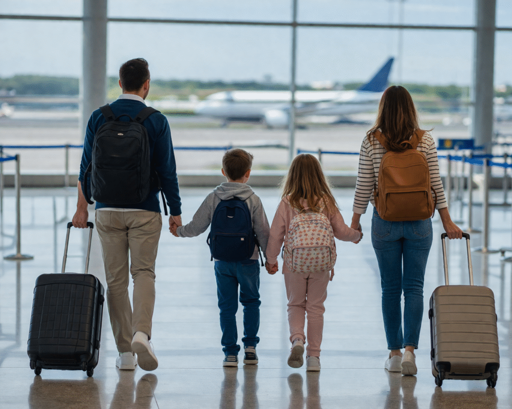 Familia con niños en aeropuerto preparando viaje internacional fuera de Europa