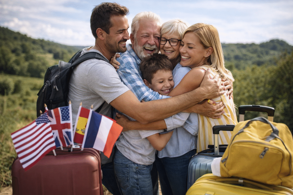 Familia reencontrándose en un aeropuerto internacional tras un viaje desde distintos países