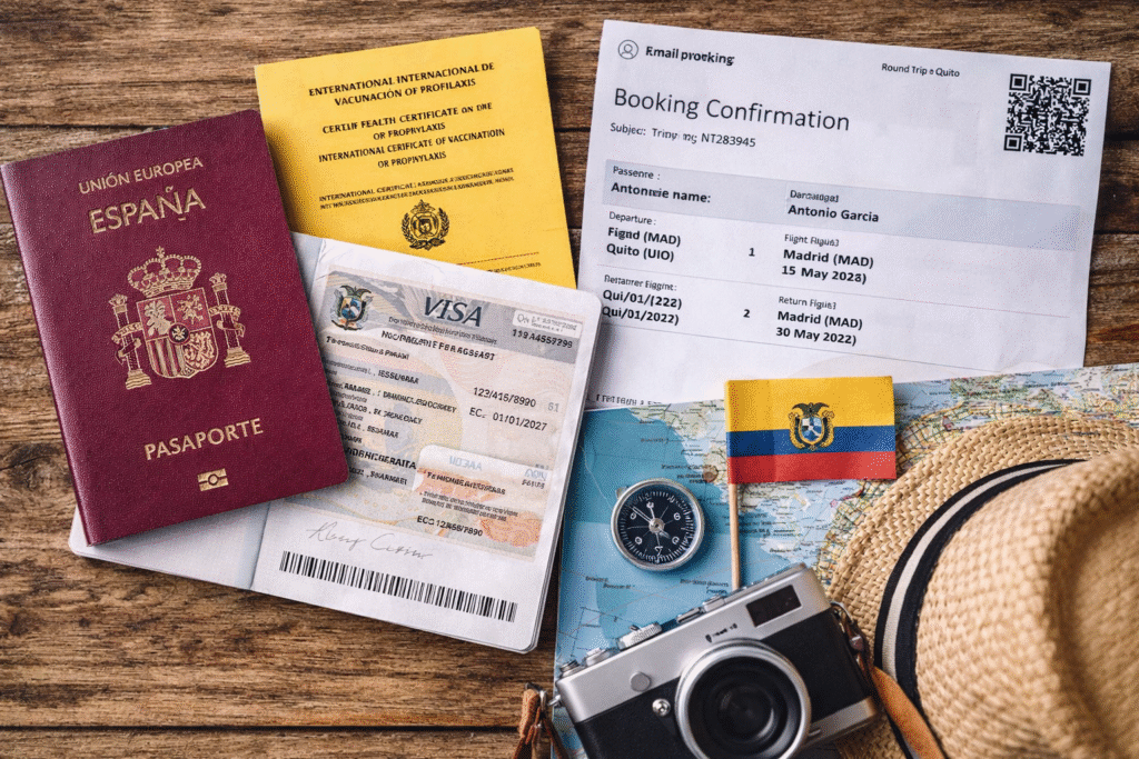 Pasajeros españoles realizando control migratorio al llegar a Ecuador