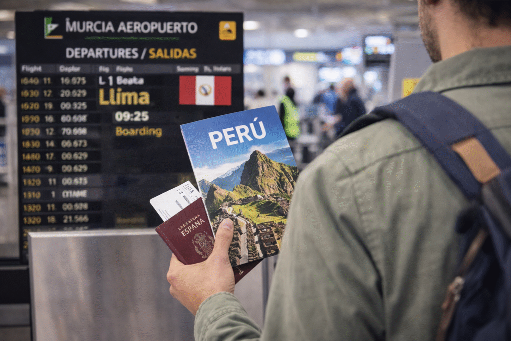 Familia en el aeropuerto preparándose para viajar desde España hacia Perú
